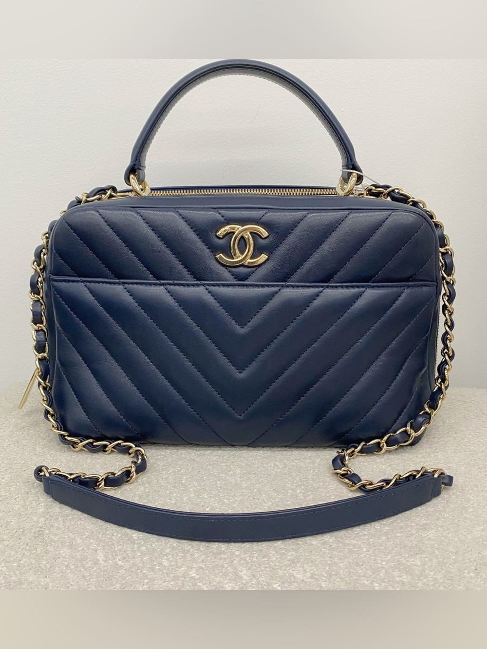 CHANEL Trendy CC Navy Chevron Quilted Top Handle Satchel with Gold CC